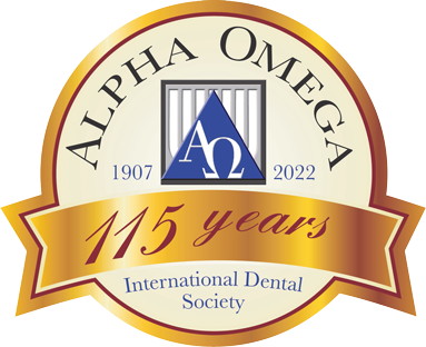 Alpha Omega International Dental Society logo emblem celebrating 115 years of advancing dental knowledge, clinical excellence, and professional collaboration.